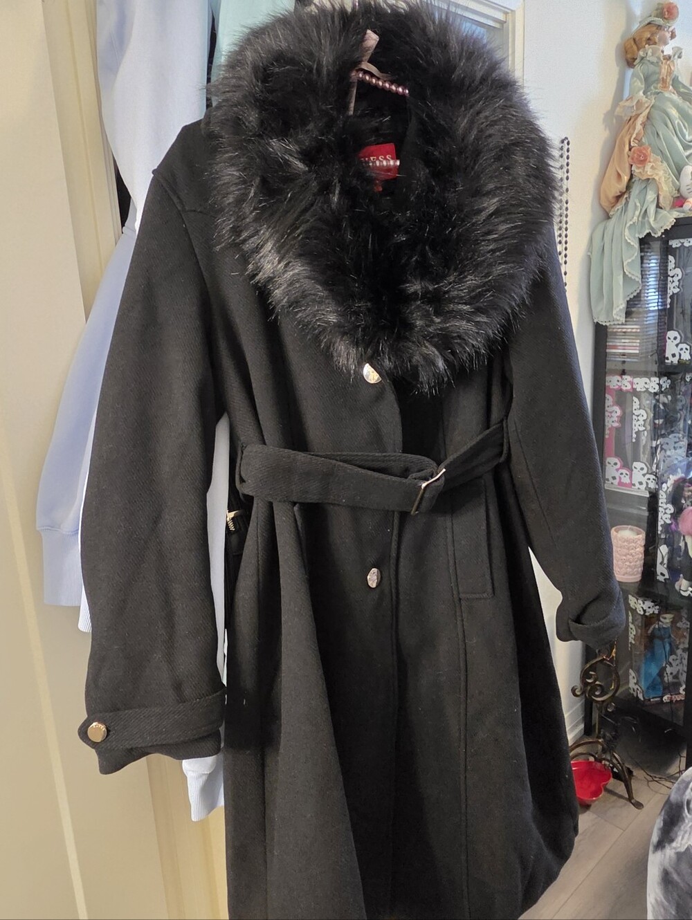 Guess Black Faux-Fur Collar Belted Trench Coat